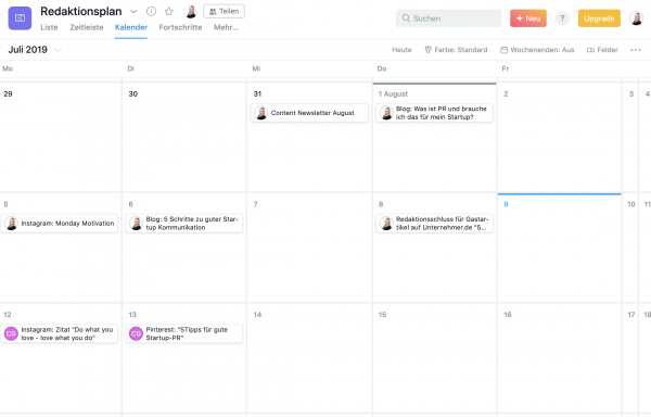 Redaktionsplan mit Asana